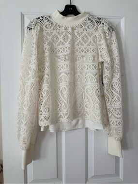 STATE Cream Crochet Lace Crewneck Sweater